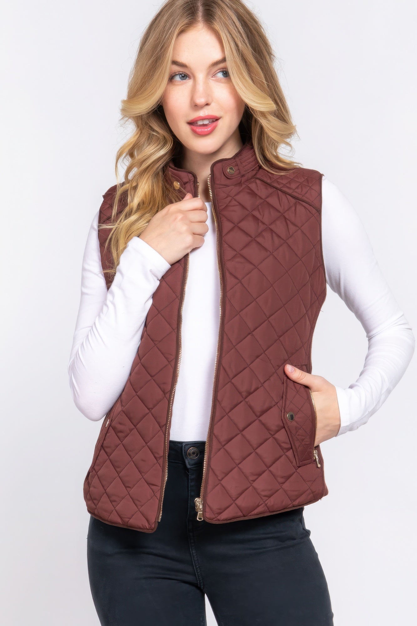 Suede Piping Quilted Padding Vest